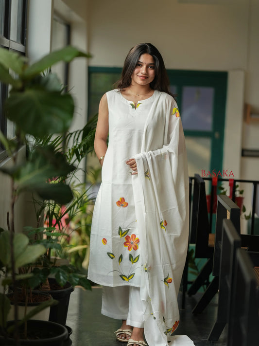 Pearl White Hand Painted MUL MUL Suit Set (3 pcs.)