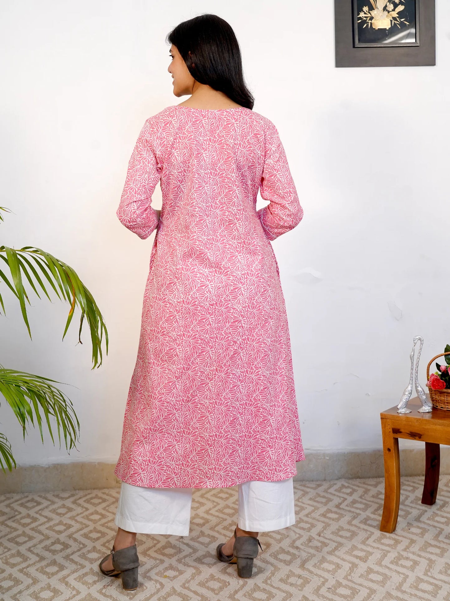 Pink Floral Box-Pleated COTTON Kurta