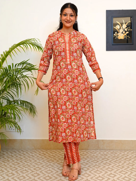 Red Orange Floral Collar COTTON Kurta Set