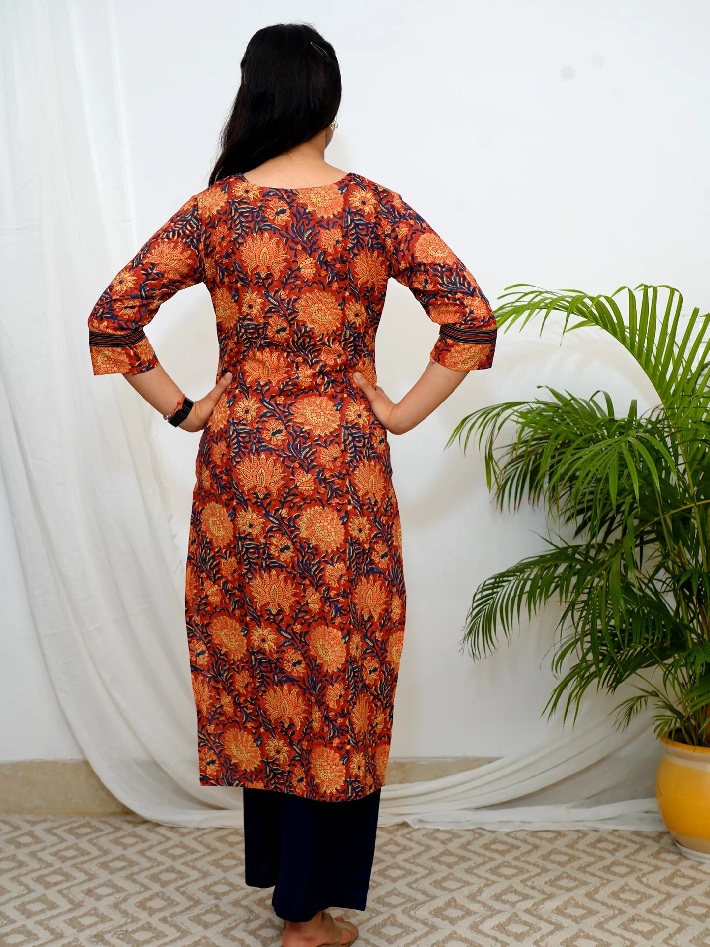 Rustic Red Daisy Block Printed COTTON Kurta