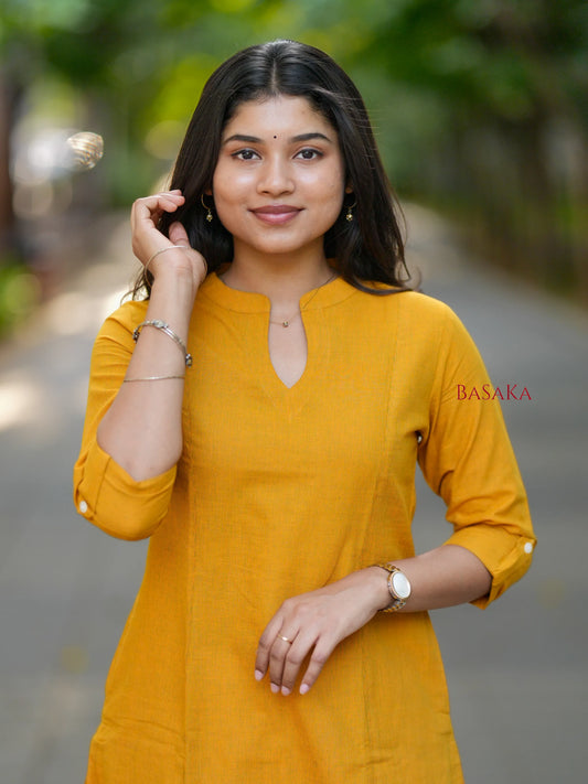 Saffron Yellow A-Line Handloom South Cotton Kurta
