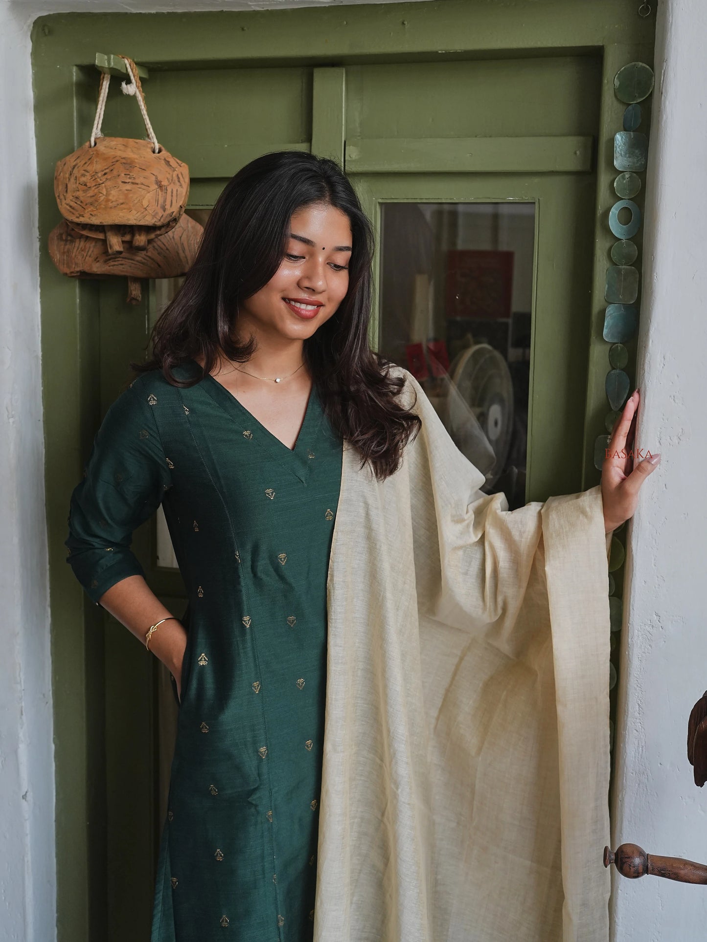 Soft Raw Silk Bottle Green Aline Kurta Set (3 Pcs.) with Lining