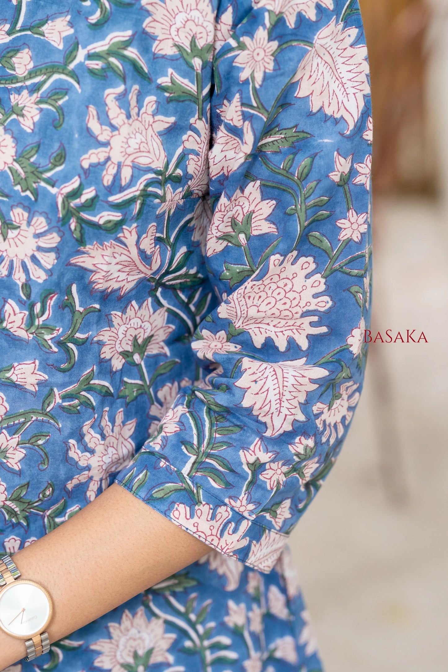 Steel Blue Floral Block Printed COTTON Top