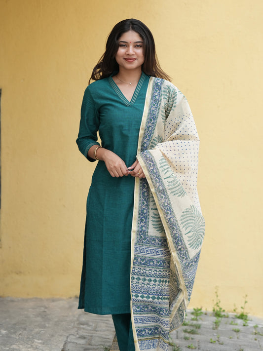 Midnight Green South Cotton Suit Set with Block Printed Dupatta (3Pcs.)