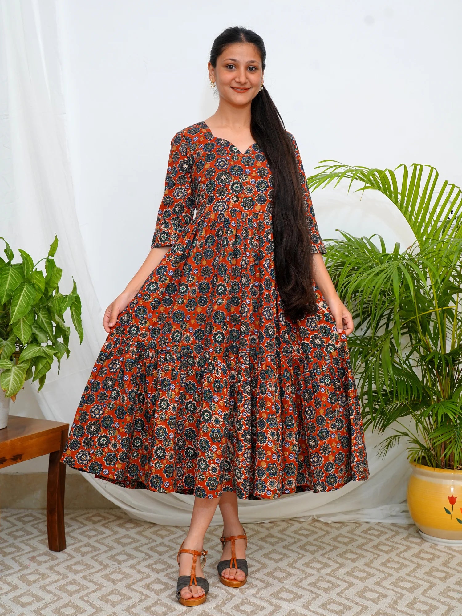 Maroon Multi Floral COTTON Tiered Dress XXS Without Lining