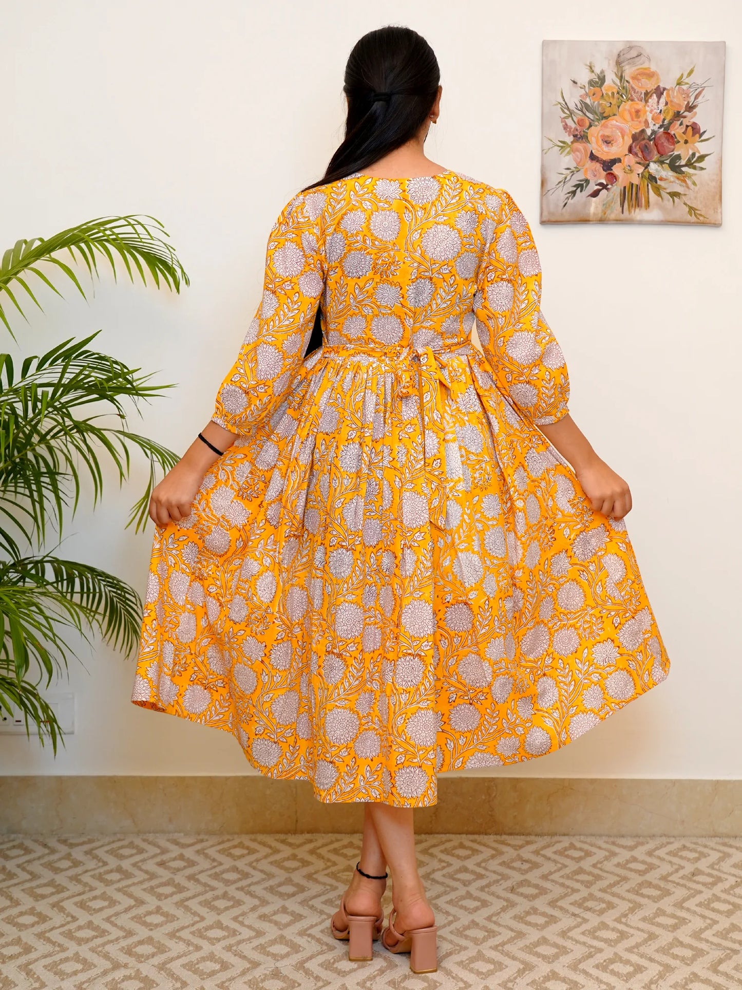 Vibrant Yellow Bloom Block Printed COTTON Dress