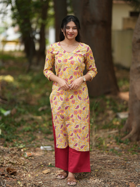 Yellow Ambi Floral Block Printed COTTON Kurta