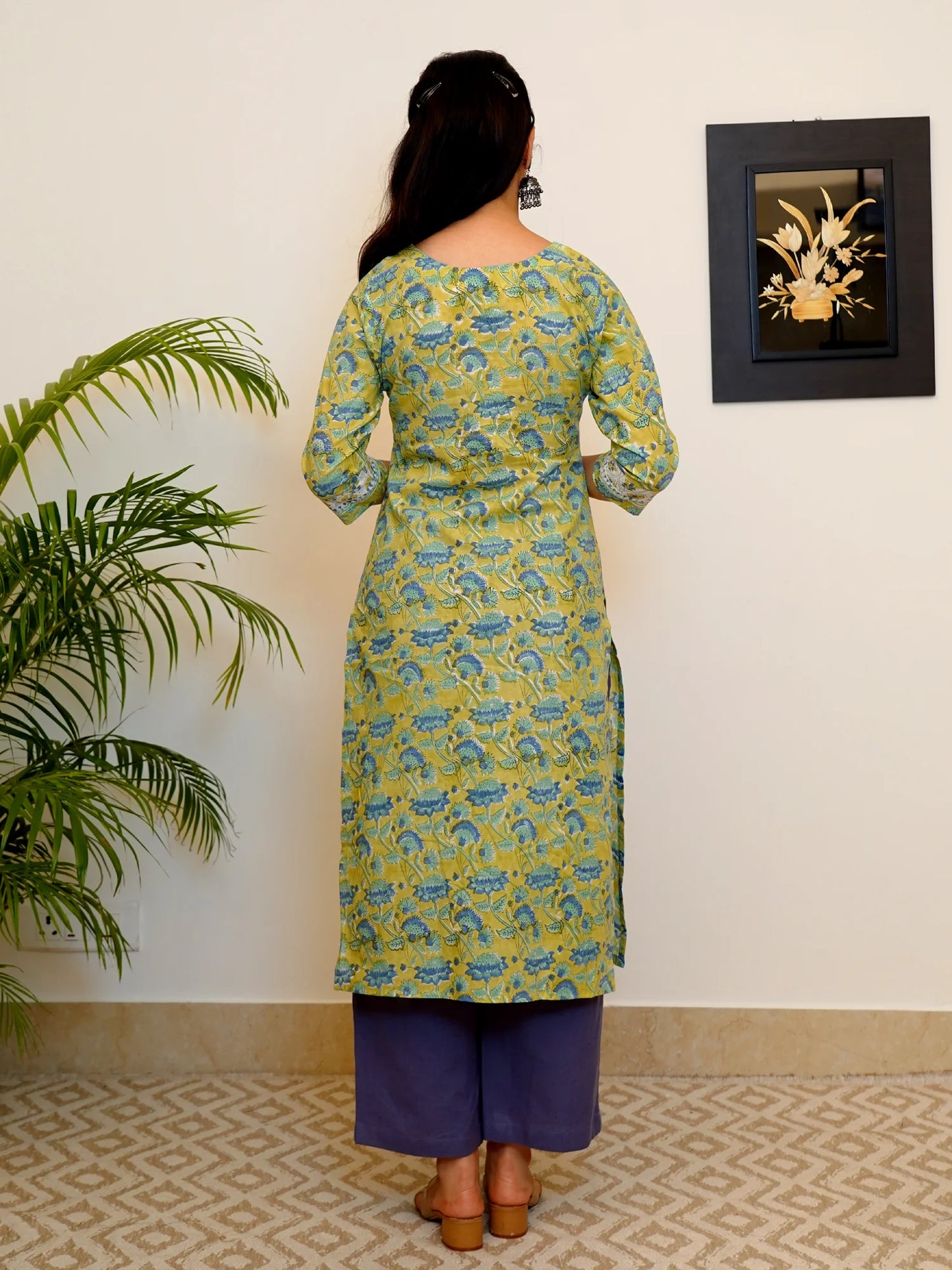 Yellow-Green Floral Block Printed COTTON Kurta