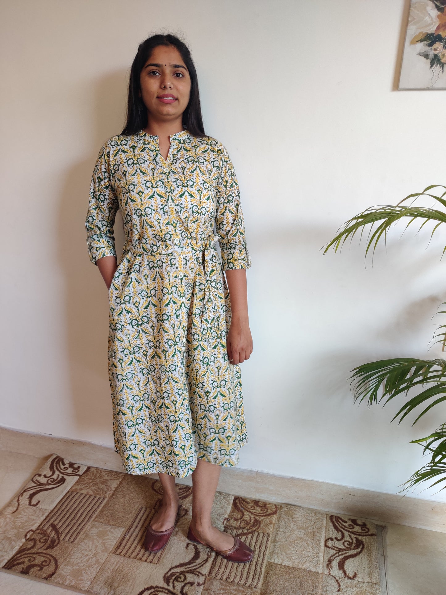 Green & Yellow Floral A-Line Dress
