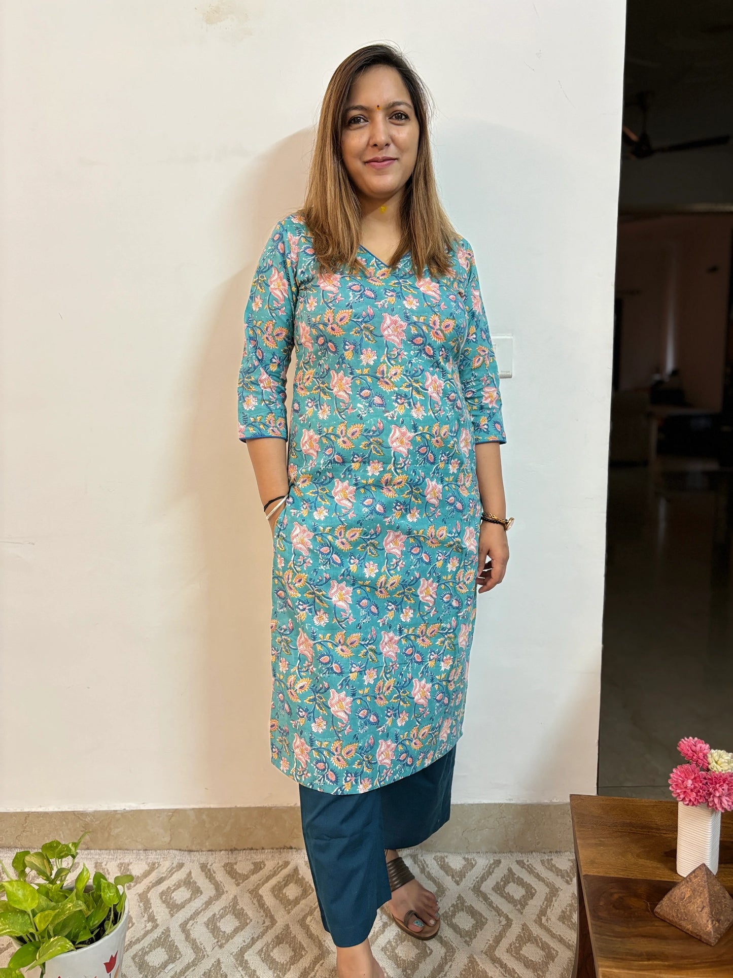 Light Sea Green Floral Block Printed Cotton Kurta