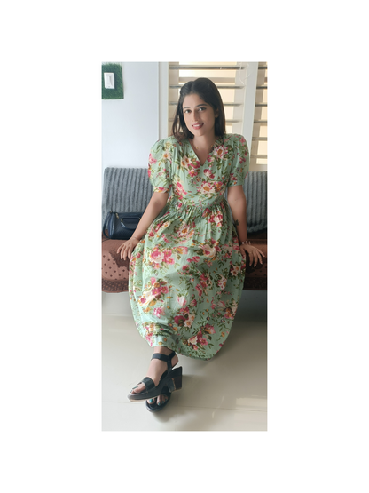 Pista Green Floral Dress