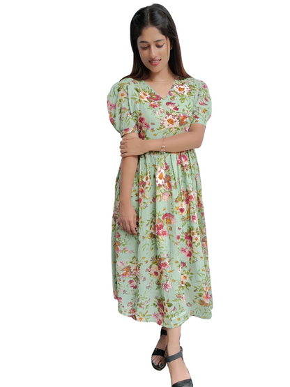 Pista Green Floral Dress