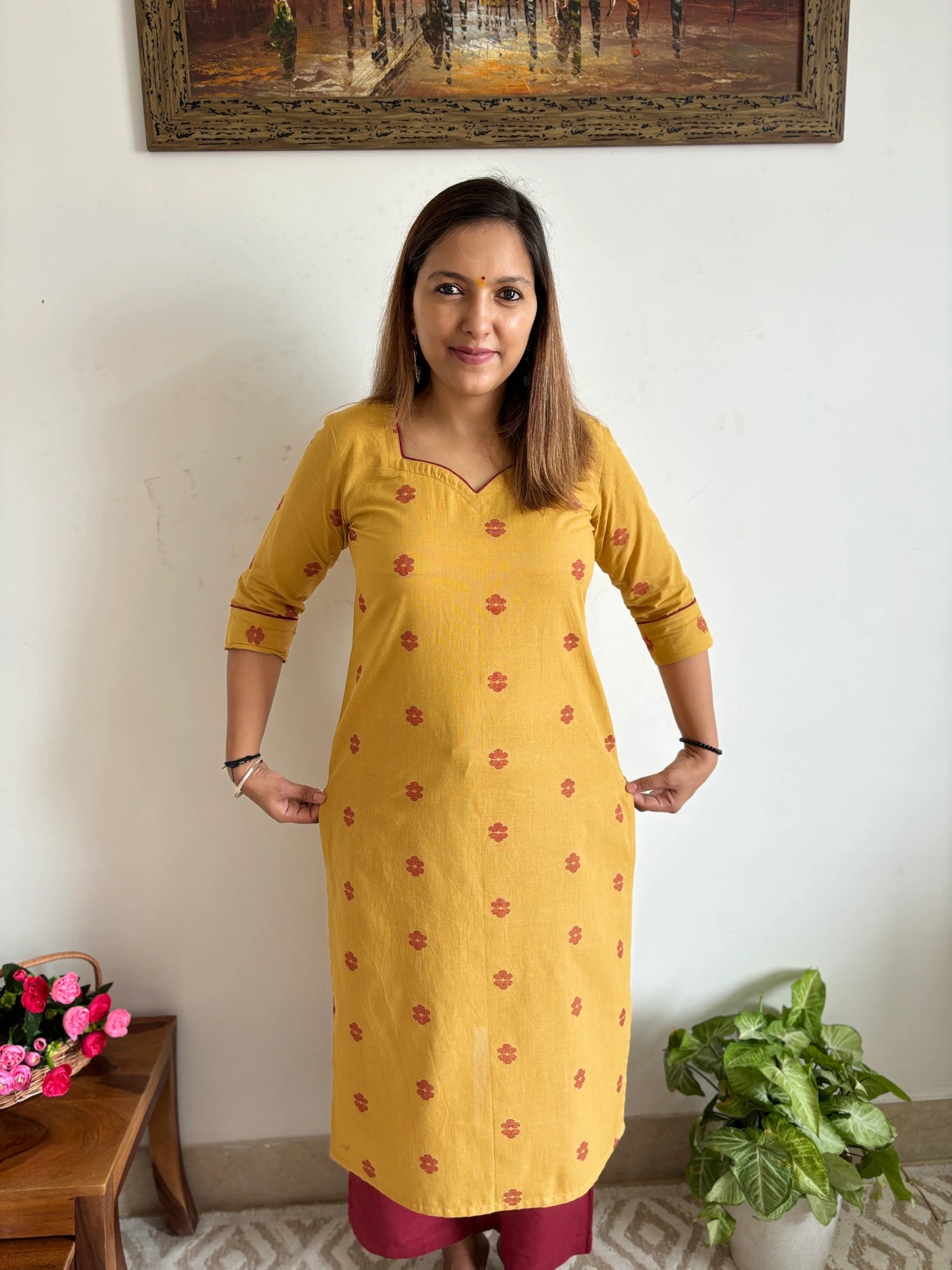 South Cotton Mustard Straight Kurta