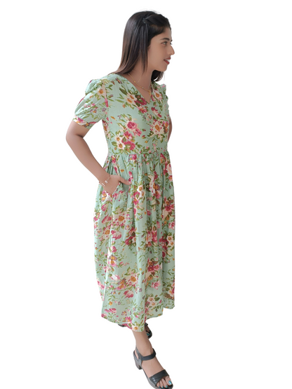 Pista Green Floral Dress