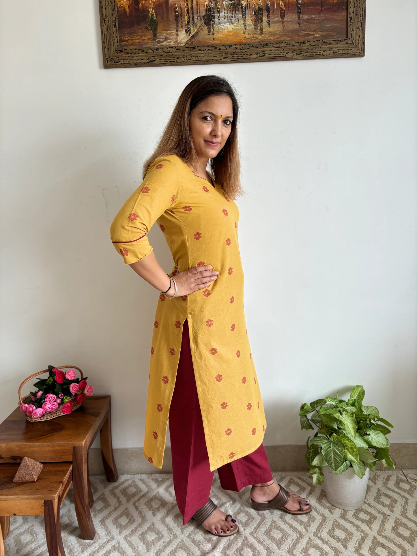 South Cotton Mustard Straight Kurta