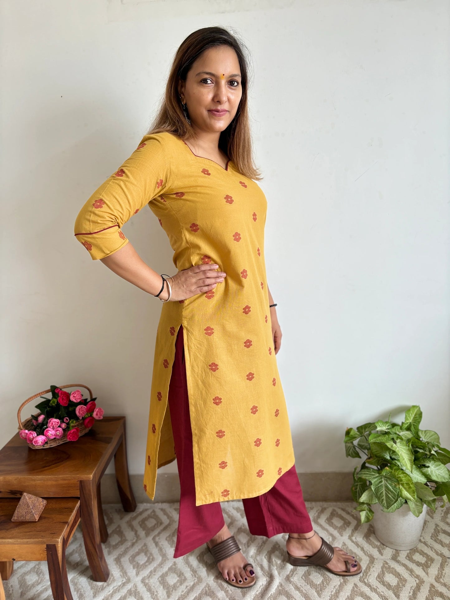 South Cotton Mustard Straight Kurta