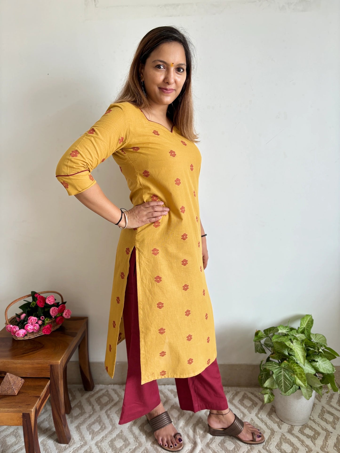 South Cotton Mustard Straight Kurta