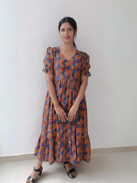 Clay and Blue Leaf Ajrakh Hand Block Printed Tiered Dress