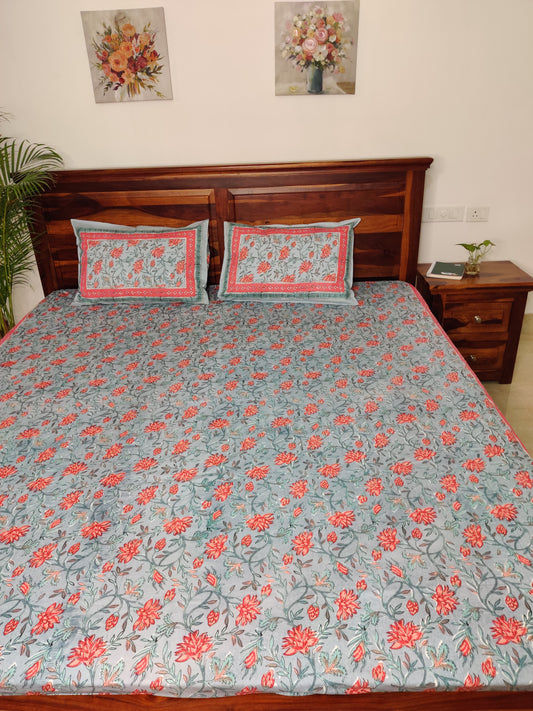 Kamali Grey Floral COTTON Bedsheet with Two Reversible Pillow Covers