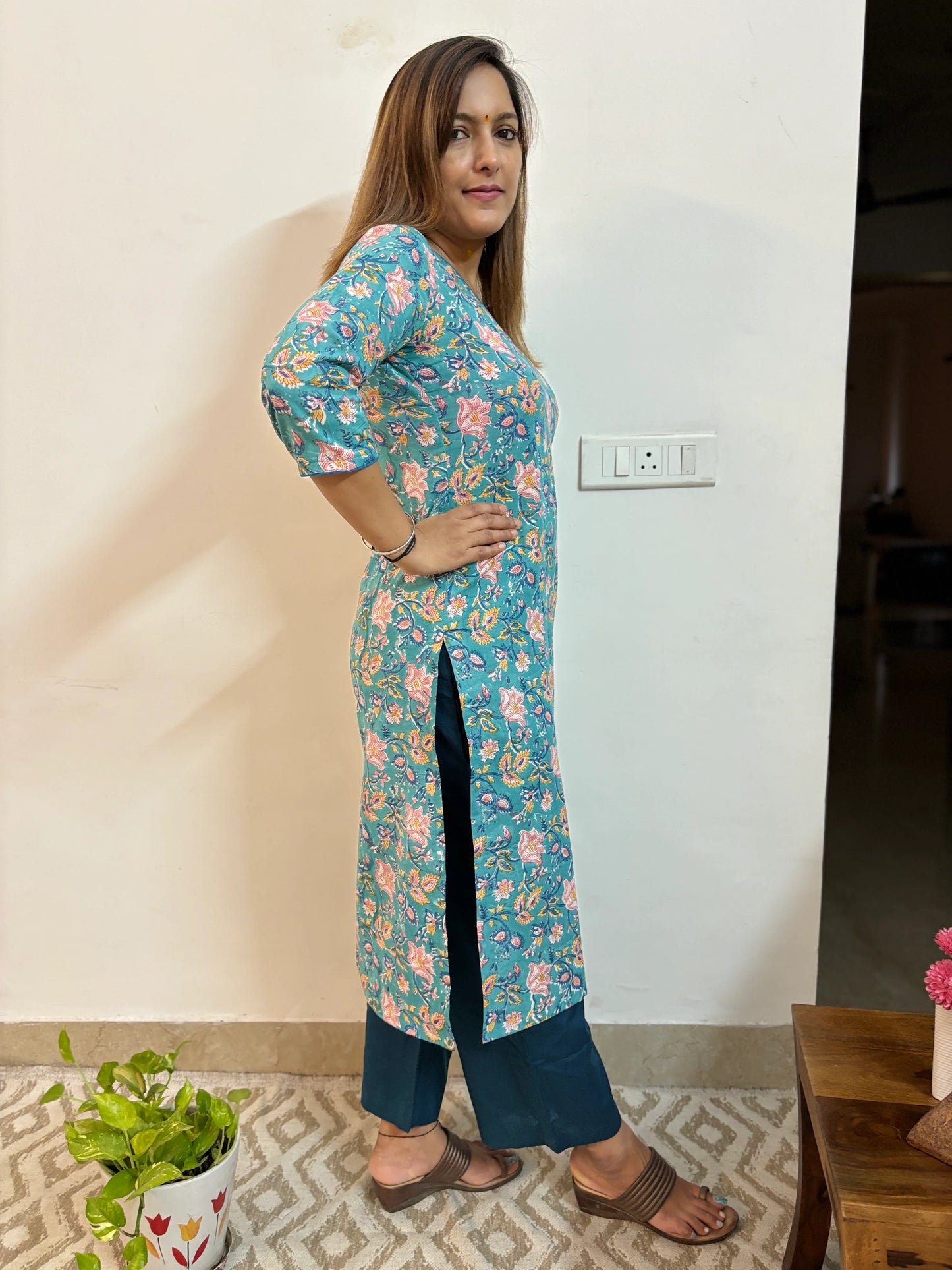 Light Sea Green Floral Block Printed Cotton Kurta