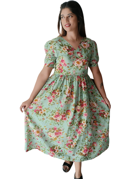 Pista Green Floral Dress