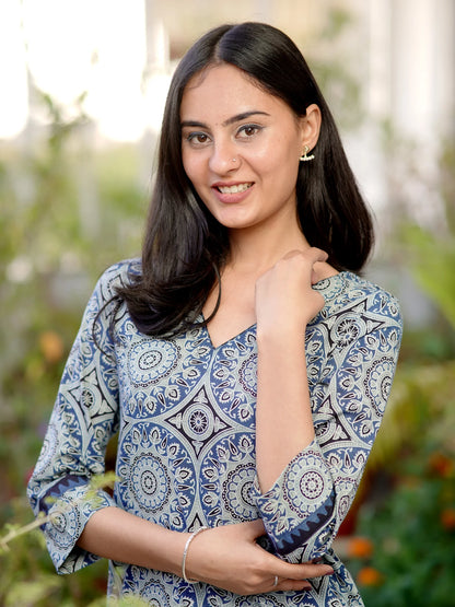 Ajrakh Double Blue Diamond Block Printed COTTON Kurta