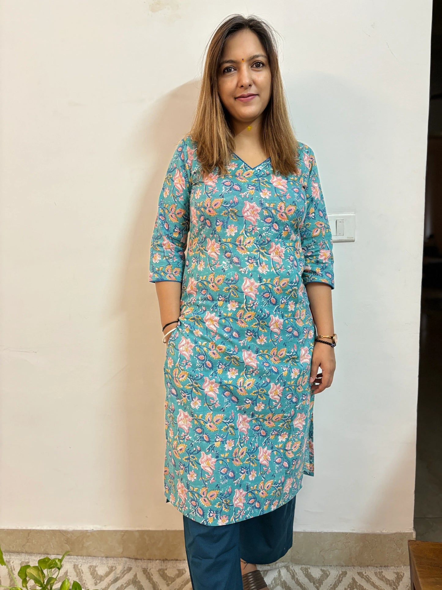 Light Sea Green Floral Block Printed Cotton Kurta