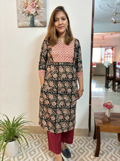 Ajrakh Black Floral Yoke Straight Kurta