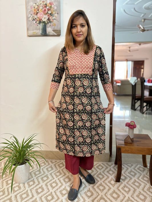 Ajrakh Black Floral Yoke Straight Kurta