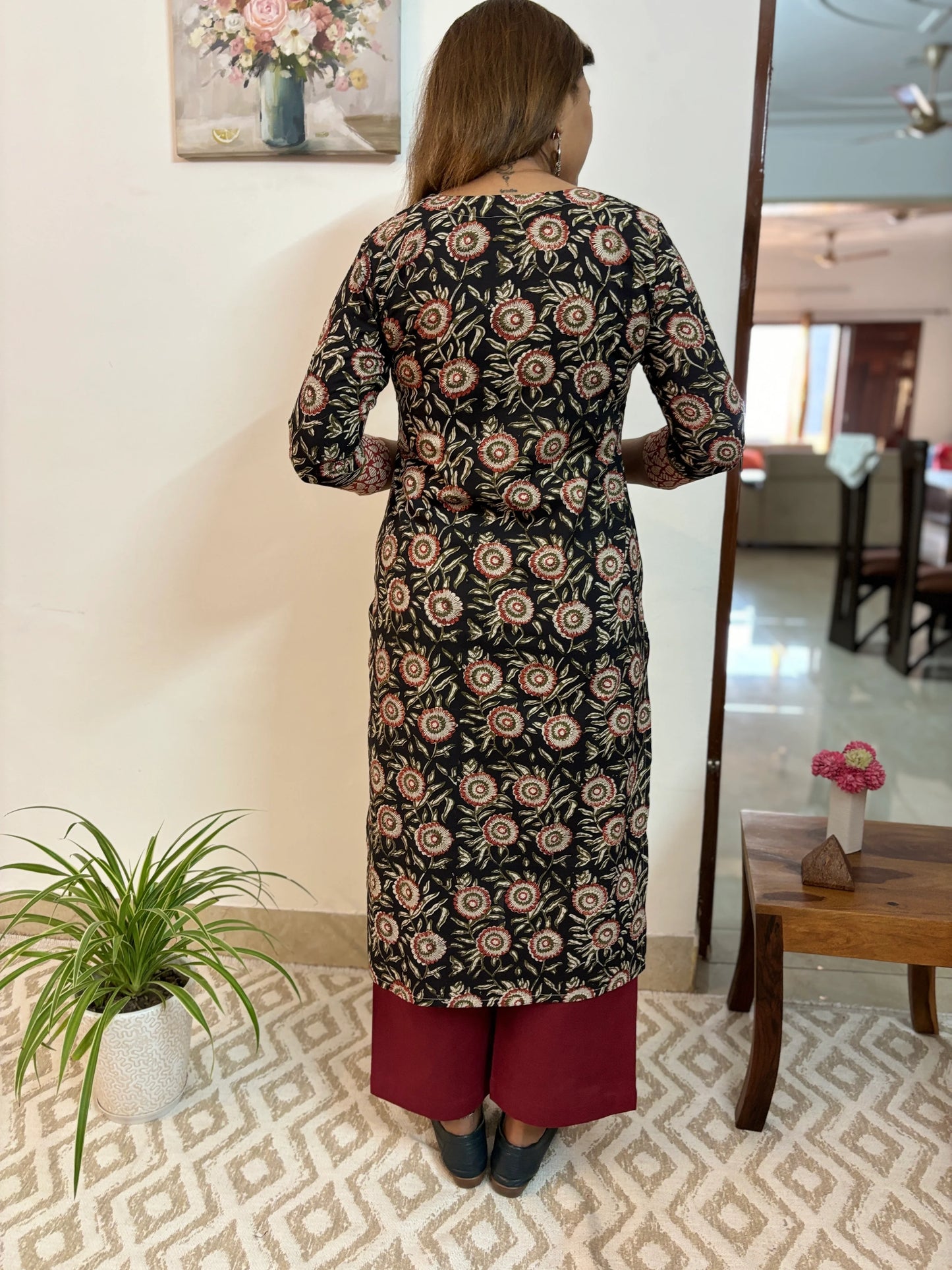 Ajrakh Black Floral Yoke Straight Kurta