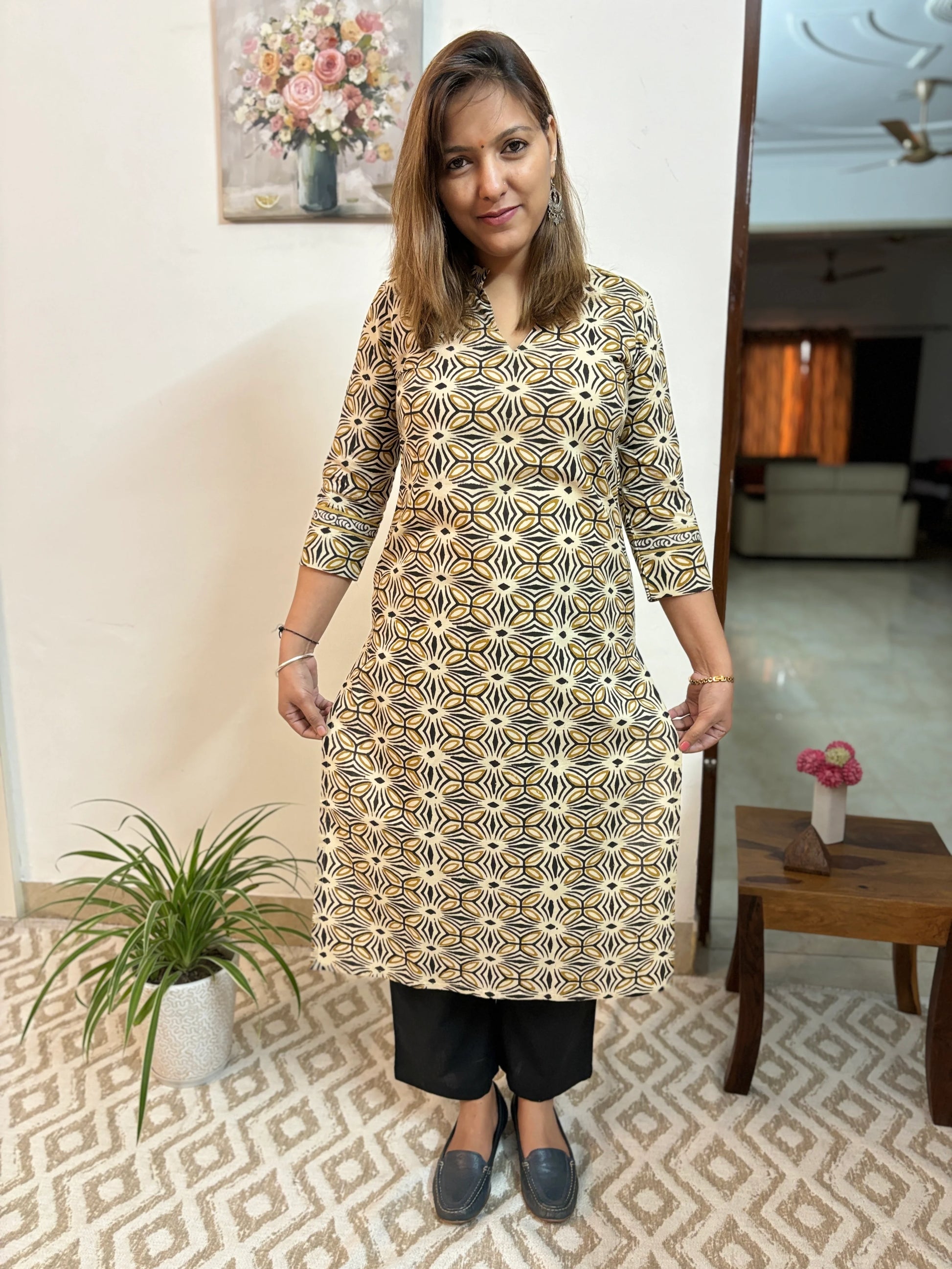 Ajrakh Black and Mustard Sunflower Cotton Straight Kurta