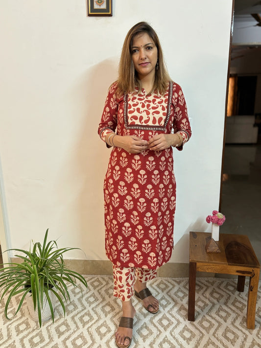 Ajrakh Brick Red Yoke Kurta and Pant Set