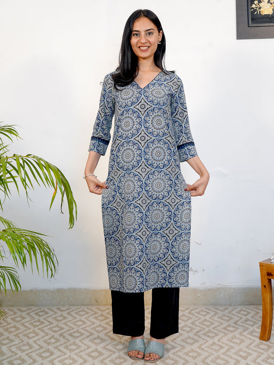 Ajrakh Double Blue Diamond Block Printed COTTON Kurta