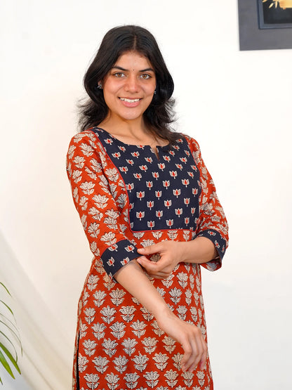 Ajrakh Double Lotus COTTON Yoke Kurta