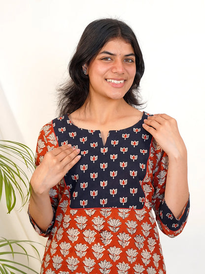 Ajrakh Double Lotus COTTON Yoke Kurta
