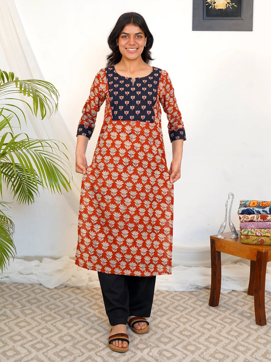 Ajrakh Double Lotus COTTON Yoke Kurta