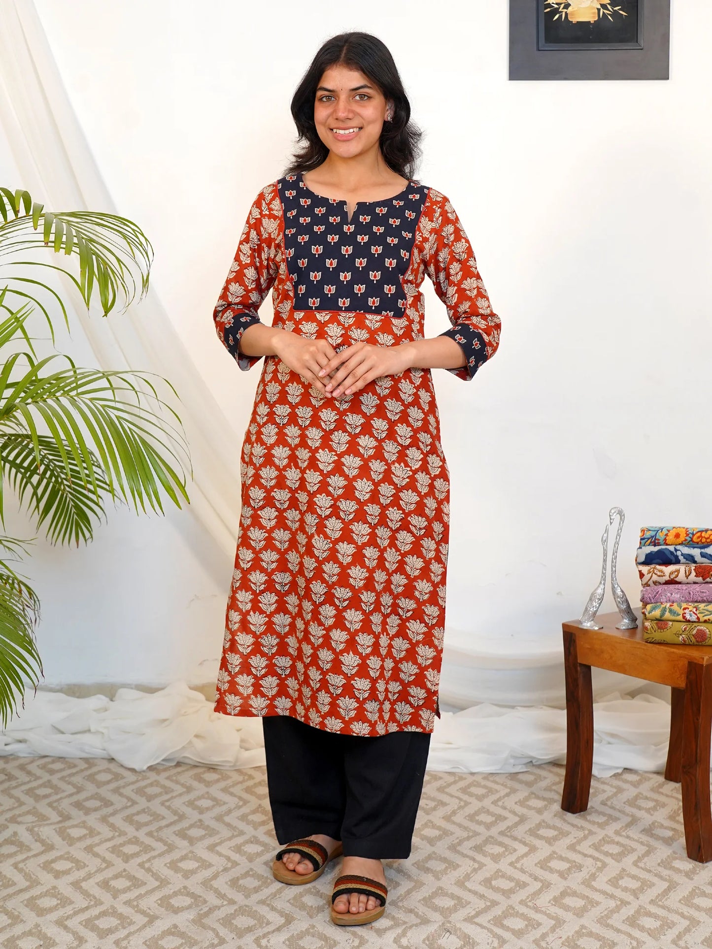 Ajrakh Double Lotus COTTON Yoke Kurta