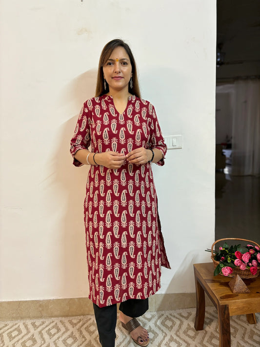 Ajrakh Maroon Ambi Print Collar Kurta