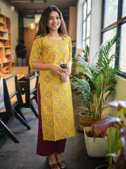 Ajrakh Yellow Diamond Block Printed Cotton Kurta