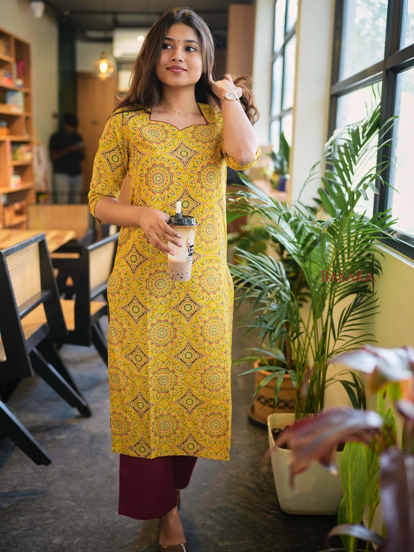 Ajrakh Yellow Diamond Block Printed Cotton Kurta