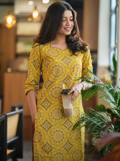 Ajrakh Yellow Diamond Block Printed Cotton Kurta