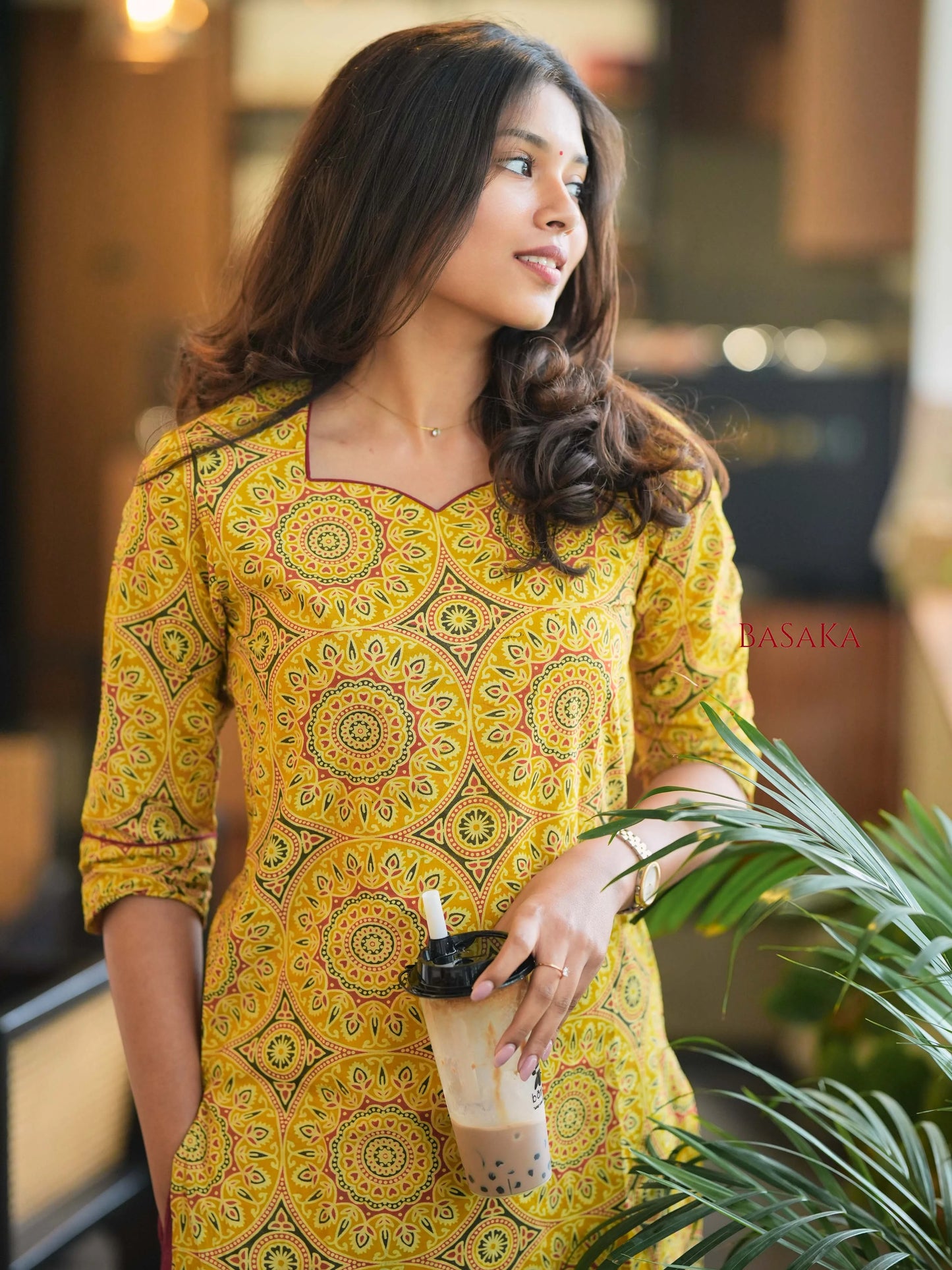 Ajrakh Yellow Diamond Block Printed Cotton Kurta