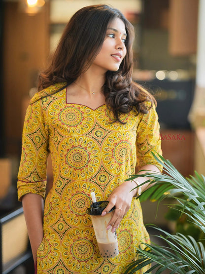 Ajrakh Yellow Diamond Block Printed Cotton Kurta