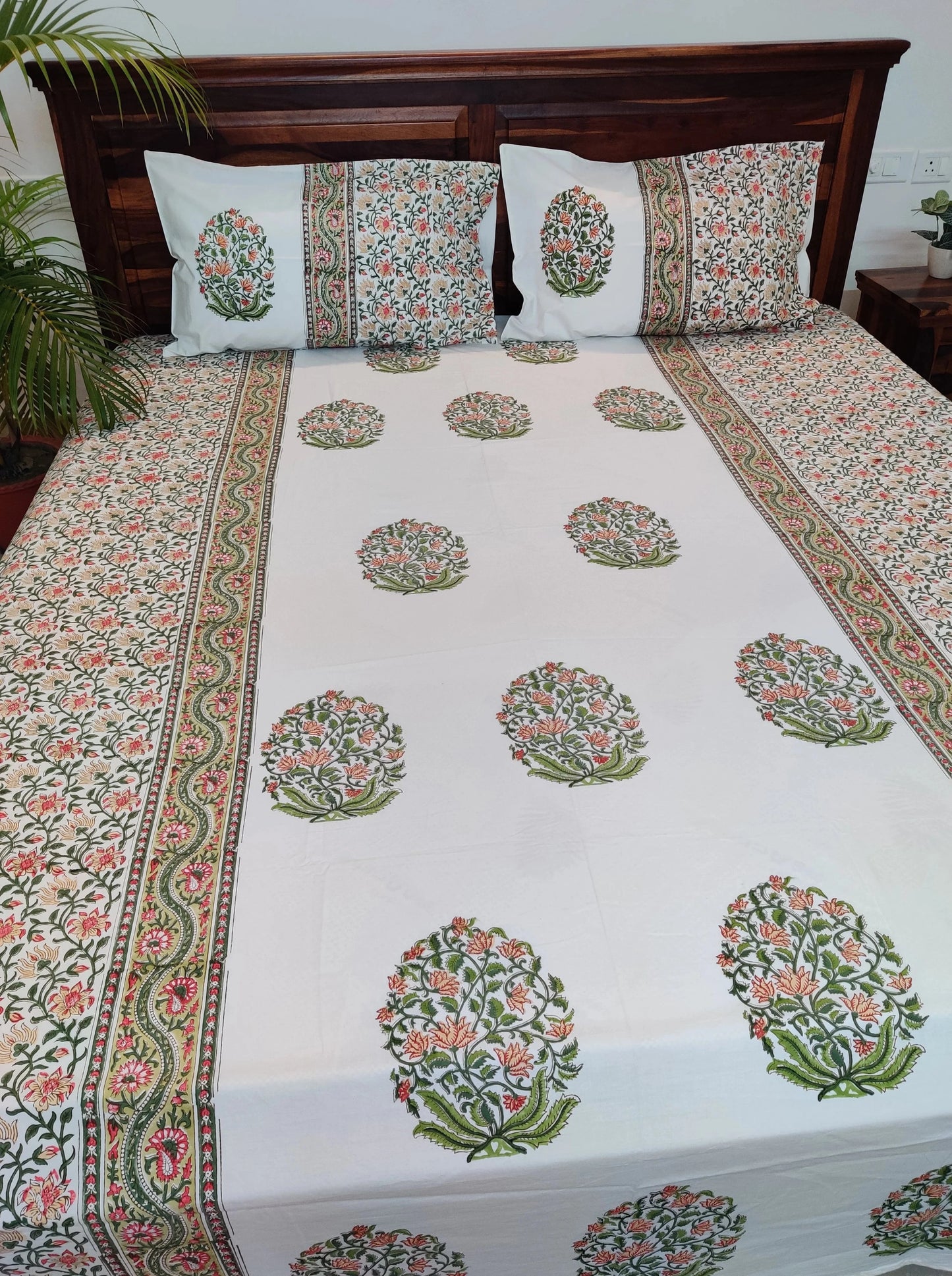 Premium Hand Block Printed Green & Rust Orange Floral COTTON Bedsheet with Reversible 2 Pillow Covers