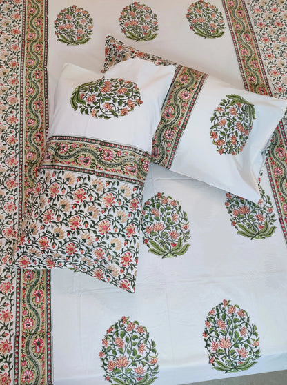 Premium Hand Block Printed Green & Rust Orange Floral COTTON Bedsheet with Reversible 2 Pillow Covers