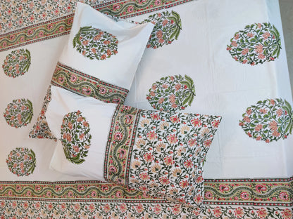 Premium Hand Block Printed Green & Rust Orange Floral COTTON Bedsheet with Reversible 2 Pillow Covers