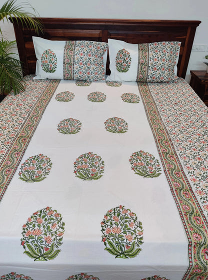 Premium Hand Block Printed Green & Rust Orange Floral COTTON Bedsheet with Reversible 2 Pillow Covers