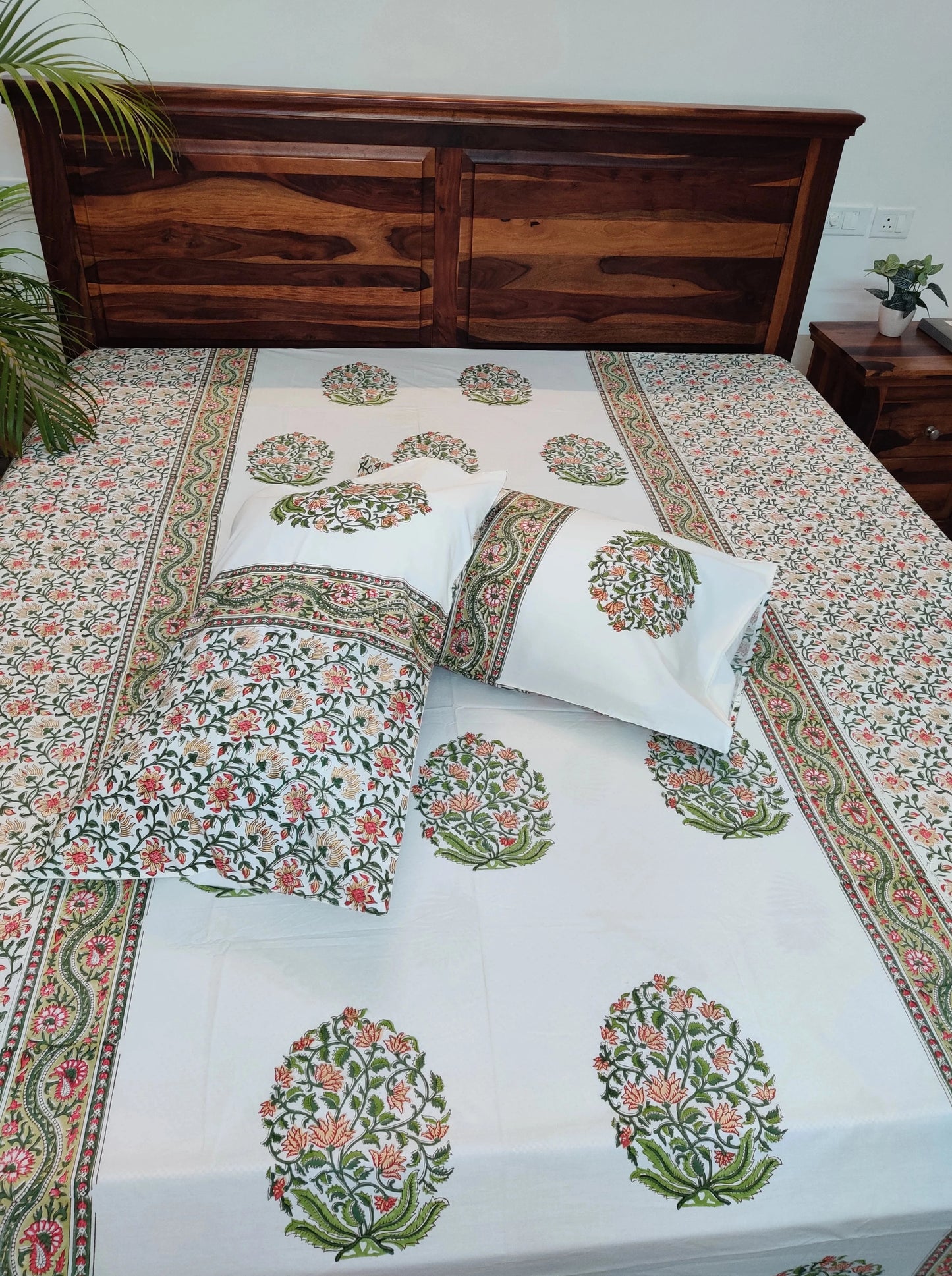 Premium Hand Block Printed Green & Rust Orange Floral COTTON Bedsheet with Reversible 2 Pillow Covers