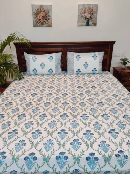 Premium Hand Block Printed Sea Blue & Green Jaal Floral COTTON Bedsheet with Reversible 2 Pillow Covers