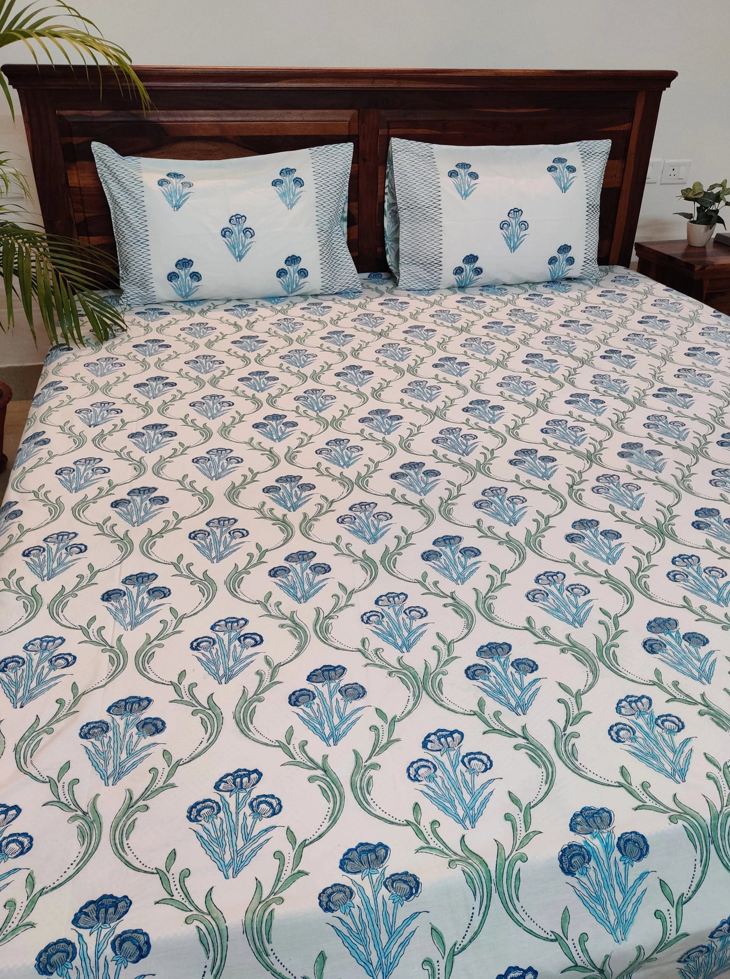 Premium Hand Block Printed Sea Blue & Green Jaal Floral COTTON Bedsheet with Reversible 2 Pillow Covers